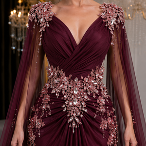 Robe moulante de luxe personnalisée avec broderie florale, col en V, sans manches, taille empire, ornée de pierres de cristal, coupe modeste - Product Image 2