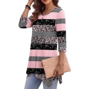 <b>Blue</b> Stripe Floral Plus Size Casual Rayon <b>Tunic</b> Mixed Print Crew Neck Curved Hem Daily Wear Women's <b>Tunic</b> Tops - Product Image 3