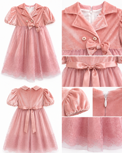 Vestido de Fiesta Formal para Niñas, Color Rosa, Terciopelo, Corte en A, con Mangas Abullonadas, Lazo y Falda de Tul Estampada - Product Image 3