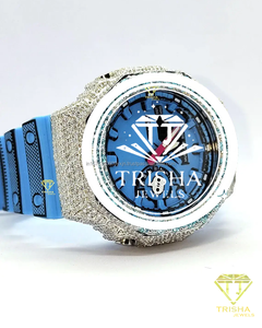 Montre en diamant bleu VVSMoissanite pour homme, en argent sterling 925, sertie de diamants, montre de luxe avec bracelet bleu - Product Image 1