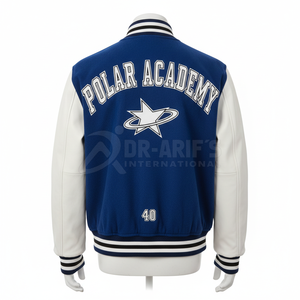 Chaqueta Varsity Azul y Blanca para Hombre, con Parches Bordados, Estilo Preppy, Corte Regular, Chaqueta Universitaria para Hombre - Product Image 5