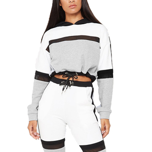Ensemble de survêtement sportif 2 pièces pour femme, coupe ample, à blocs de couleur, avec empiècements en maille, manches longues, blanc, gris, noir - Product Image 1