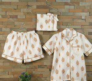 Ensemble de pyjama personnalisé en coton tissé thermique imprimé floral à la main indien pour femmes et hommes, manches longues, mode estivale - Product Image 5