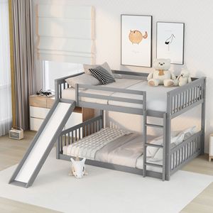 Full Over Full Bunk <b>Bed</b> <b>with</b> <b>Slide</b> and Ladder in Grey Color for Kids - Product Image 3