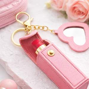 Miroir de poche miniature en cuir PU en gros, porte-rouge à lèvres, porte-clés - Product Image 1