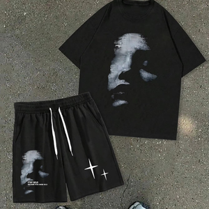 Custom Streetwear Manufacturer Boxy Stripe 100% Cotton Tshirt Set Men's Baggy Blank Heavyweight T-shirt and Short Set - Product Image 1