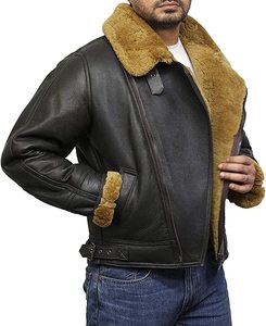 Men's Winter Leather <b>Jacket</b> With Faux Fur Lining Full Sleeve Windproof <b>Aviator</b> Style Coat - Product Image 5