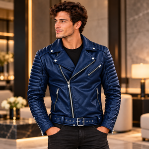 Chaqueta de Cuero Genuino Azul Marino para Hombre, Estilo Motociclista, Mangas Acolchadas, Cuello Solapa, Cintura con Cinturón, Bolsillos con Cremallera, Ropa Exterior para Uso Diario - Product Image 2