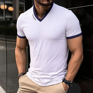 T-shirt à manches courtes pour homme, décontracté et tendance, couleur unie, col en V, avec imprimé lettres, été, polyvalent et confortable - Product Image 3