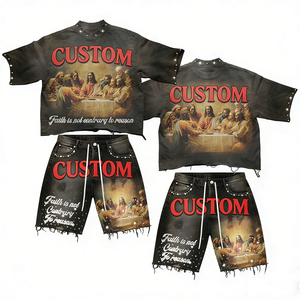 Custom Oversized Solid Breathable Polyester/Cotton <b>Knitted</b> T-Shirt Denim Shorts <b>Set</b> Vintage Streetwear Summer Casual Men's <b>Sets</b> - Product Image 1