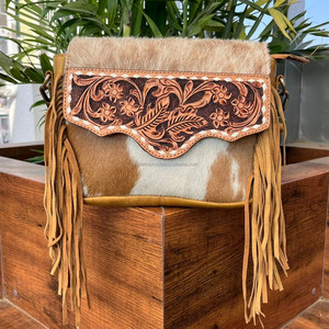 Bolso bandolera con flecos de cuero genuino para mujer a la moda, bolso de hombro con solapa Floral de piel de vaca de lujo multifuncional - Product Image 3
