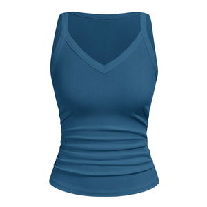 Women Solid Casual Ribbed Breathable V Neck Slim Fit Ruched Side <b>Spaghetti</b> <b>Strap</b> Summer Tank Top - Product Image 3