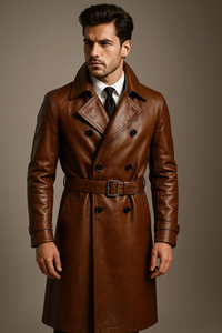 Manteau trench formel pour homme en cuir d'agneau véritable marron, imperméable, respirant, écologique, avec doublure en polyester - Product Image 3