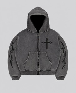 Sudadera con capucha gótica de alta calidad para hombre, con cremallera, de algodón negro, forro polar, estampado geométrico, corte regular, bolsillo frontal en la manga, lavado ácido, para invierno - Product Image 1