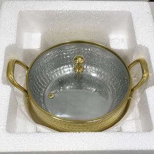 Hammered Brass Casserole Cooking <b>Pot</b> with Glass Lid Double Handles Food Serving Dish Buffet Cookware Hotel Restaurant Catering - Product Image 2