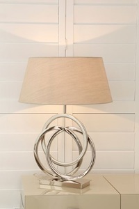 Premium Orbit Metal Table <b>Lamp</b> with Interlocking Ring Base Brushed Finish Linen Shade Elegant Ambient Lighting - Product Image 2