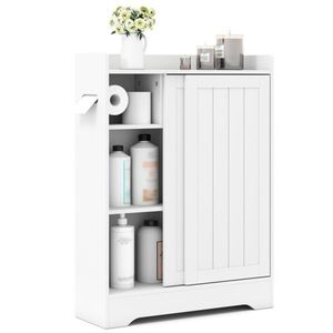 Slim White Bathroom Storage Cabinet 2 Sliding Doors 2 Adjustable Shelves 24\"x8\"x31.5\" Featuring Toilet Paper/Brush Holders - Product Image 4