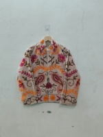 Blouson bomber pour femme brodé de fleurs, col montant, manches trois quarts, broderie à la main, coton tricoté, printemps, automne, hiver
