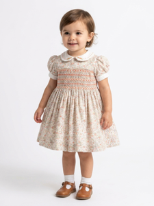 Customizable OEM ODM Embroidered Baby Dress Cotton Orange Floral Smocked Dress for Girls Factory Handmade children <b>clothes</b> - Product Image 3
