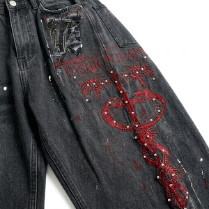 Jean ample pour homme style américain, orné de cristaux, imprimé tie-dye, coupe droite large, streetwear - Product Image 5