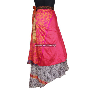 *Hot* Vintage Indian Two Layer <b>Boho</b> Hippie Long Length Magic Silk Wrap <b>Skirt</b> 2 Layer Reversible Magic Silk Saris Wrap Long <b>Skirt</b> - Product Image 5