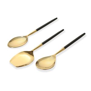Ensemble d'ustensiles de service en acier inoxydable finition dorée avec manche noir, vaisselle haut de gamme pour la salle à manger, la cuisine et l'hôtellerie - Product Image 4