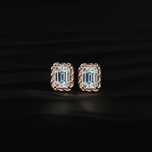 <b>Emerald</b> Cut Diamond <b>Stud</b> <b>Earrings</b> with Twisted Rope Frame Rose Gold Diamond Jewelry Daily Wear Diamond <b>Earrings</b> for Sale Export - Product Image 1
