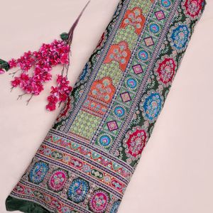 Pure Banarasi <b>Silk</b> Soft Jacquard Brocade Geometric Pattern Multi-Color Dark Green Base Medium Weight for Apparel-Wedding/Special - Product Image 3