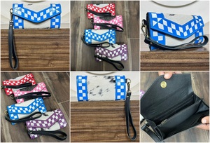 New Blue & <b>White</b> Checkered Hair on Hide Genuine Cowhide Leather Wristlet <b>Clutch</b> Wallet Purse for Women's Card Holder Long Wallet - Product Image 3