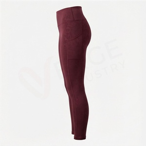 Leggings de yoga taille haute longueur intégrale, couleur bordeaux uni, en Spandex et Nylon, extensibles dans les quatre sens, design sans couture - Product Image 3
