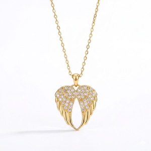 Collier pendentif en forme d'aile d'ange en or massif 14 carats avec diamant cultivé en laboratoire, design plume en argent sterling 925, collier pour femme, bijoux - Product Image 1