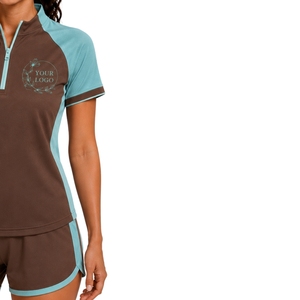 Conjunto Deportivo de Camiseta y Pantalones Cortos para Mujer, Color Marrón y Aqua, con Cierre de Media Cremallera, de Secado Rápido, Manga Corta, para Fitness, Gimnasio, Running, Personalizable - Product Image 4