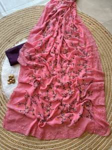 Conjunto de Saree de Diseñador Bordado con Blusa de Georgette de Seda, Ropa Étnica, Ropa de Fiesta, Saree de Boda, Atuendo Tradicional Indio - Product Image 6