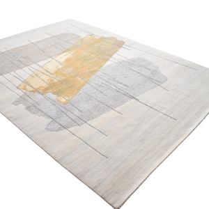 Tapis moderne abstrait noué à la main en laine et soie, gris argenté bleu aquarelle, effet vieilli, pour salon - Product Image 2