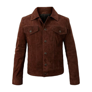 Brown <b>Suede</b> <b>Leather</b> <b>Jacket</b> Casual Turn-down Collar Single Breasted Regular Fit Autumn Outerwear - Product Image 1