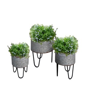 Macetero Moderno de Metal Galvanizado con Soporte de Hierro Negro, Maceta Redonda de Acero Estilo Granja para Decoración Interior y Exterior del Hogar - Product Image 4