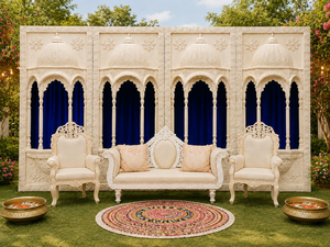 Elegant Mughal-Inspired <b>Wedding</b> Stage Fiber Backdrops Elegant White <b>Frames</b> for <b>Wedding</b> Reception Stage At Wholesale Prices USA - Product Image 2