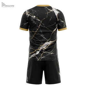 ชุดฟุตบอลแบบซับลิเมชั่นสั่งทำพิเศษ สีดำลายหินอ่อน เสื้อและกางเกงขาสั้นสำหรับผู้ชาย ลายเส้นสีทอง ชุดแข่งทีม แบบซับลิเมชั่นสั่งทำพิเศษ - Product Image 2