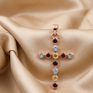 Colgante de Cruz de Plata de Ley 925 con Topacio Azul, Granate y Citrino, Joyería Religiosa Cristiana, Chapado en Oro Rosa - Product Image 5