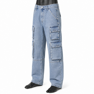 Jeans cargo en denim bleu clair légers et décontractés, sur mesure, de haute qualité, multi-poches, style streetwear pour hommes - Product Image 5