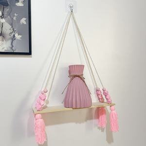Bohemian <b>Wooden</b> Single Tier Wall Shelf Hanging Rope Pink Beaded Tassel <b>Decor</b> Storage Rack for Living Room <b>Nursery</b> - Product Image 5