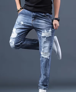 Jeans de Mezclilla para Hombre, Corte Slim Fit, Cintura Media, Desgastados, Estilo Casual, Pierna Recta, Algodón, Azul, para Otoño - Product Image 2