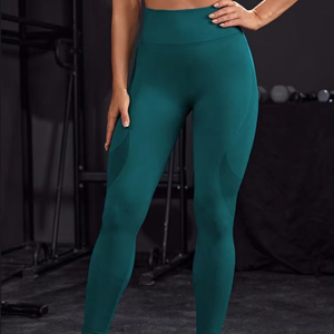 Leggings de Cintura Alta para Mujer, Color Sólido, Acanalados, Ropa Deportiva, Elásticos en Cuatro Direcciones, Pantalones de Yoga, Verde Azulado - Product Image 4