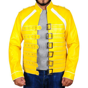Blouson matelassé en cuir jaune pour homme avec boucle à logo personnalisé, style motard urbain, revers réversible, type Letterman, pour moto - Product Image 1