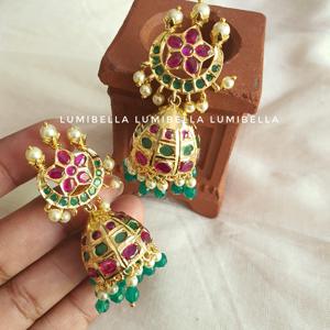 Fashion Drop Earrings 1 Gram Gold Polish Kemp Jhumka Handset Earrings - Product Image 2