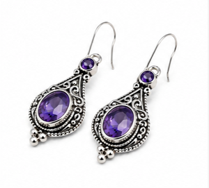 Boucles d'oreilles pendantes en argent améthyste, bijoux en argent sterling 925 avec pierre violette, boucles d'oreilles ovales en filigrane d'améthyste, faites à la main style bohème - Product Image 2