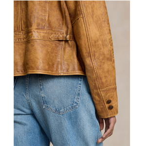 <b>Women's</b> <b>Vintage</b> Distressed Genuine <b>Leather</b> Solid Front <b>Jacket</b> Moto Biker Style Turn-down Collar Zipper Closure Winter Cotton - Product Image 3