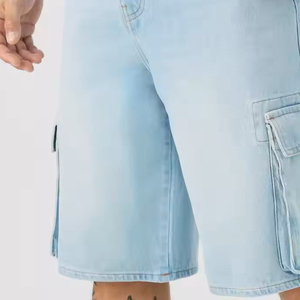 Shorts en jean décontractés pour hommes, taille mi-haute élastique, coupe ample en coton, longueur genou, bleu délavé, pour l'été et le quotidien - Product Image 5