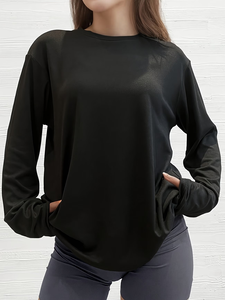 Camiseta de Manga Larga Oversize para Mujer, 100% Algodón Orgánico, Color Sólido, Corte Regular, Cuello Redondo, Estilo Casual, Venta al Por Mayor - Product Image 2