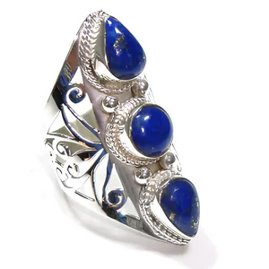 Anillo de Plata 925 con Lapislázuli, Triple Piedra, Engaste de Bisel, Estilo Bohemia, para Uso Diario - Product Image 1